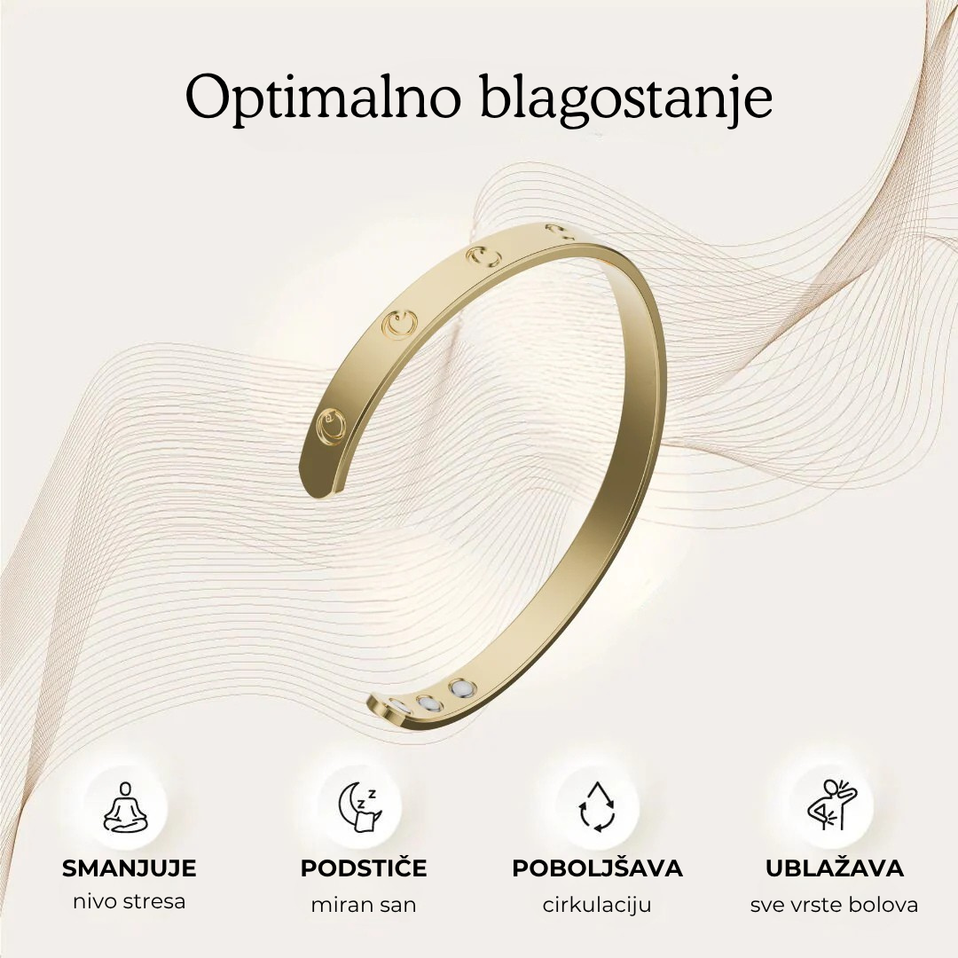 Gold bracelet on a white background with text and icons.