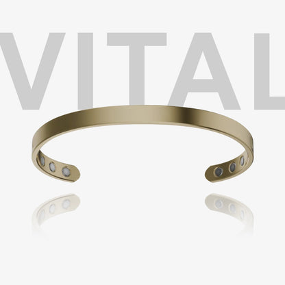 Gold bracelet with embedded lights on a white background, featuring the brand 'Vital'.