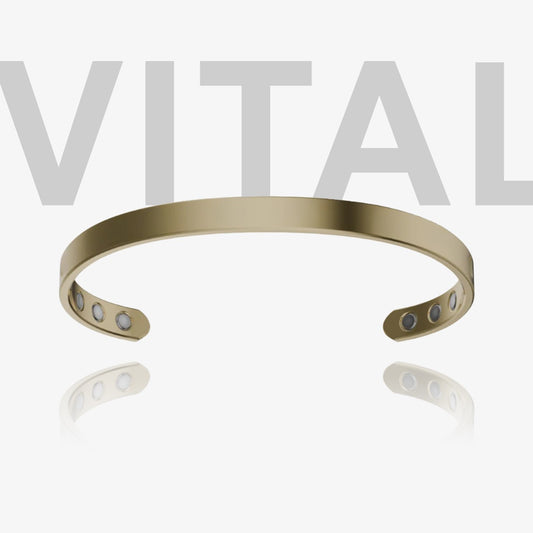 Gold bracelet with embedded lights on a white background, featuring the brand 'Vital'.