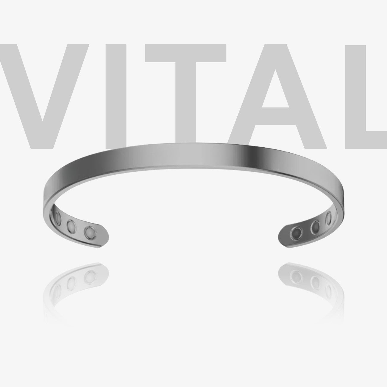 Silver bracelet with 'VITAL' branding on a light gray background
